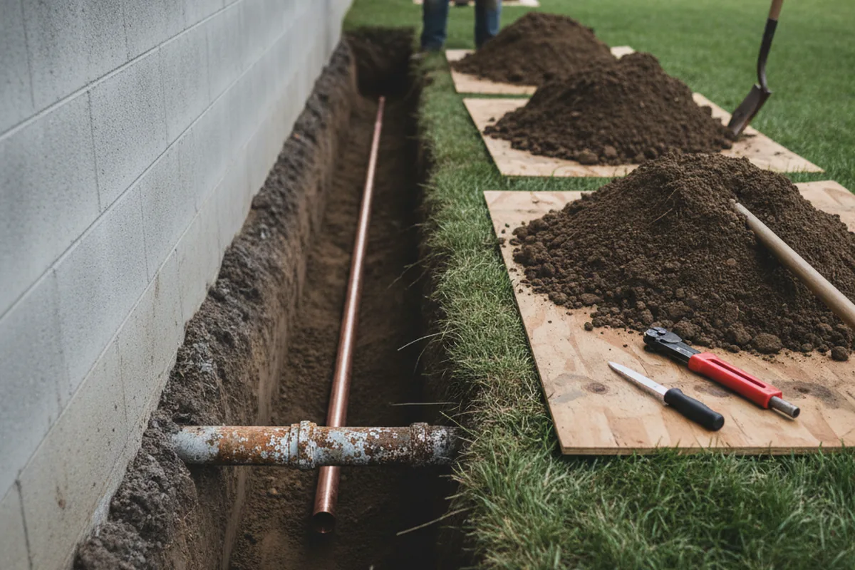 Excavated water line trench during Water Softener Installation in Grady